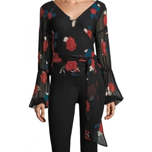 Club Monaco Top Womens XS Black Darlana Floral Silk Wrap Bell Sleeve Semi Sheer - Picture 1 of 14
